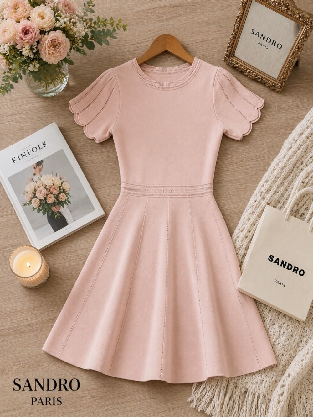 Sandro Paris Blush Pink Fit & Flare Knit Dress Short Sleeve A-Line